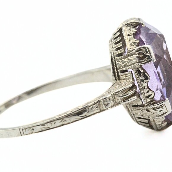 Opulent Antique Edwardian 14K White Gold Amethyst Ring Sz 8. - Picture 8 of 10